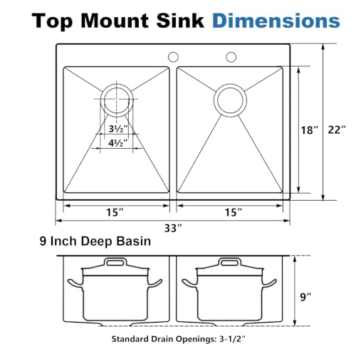 Image of SHACO 33x22 Inch 50 /50 Double Bowl Drop In Kitchen Sink 16 Gauge 33 Inch Stainless Steel Kitchen Sink Top Mount with Grid and Accessories
