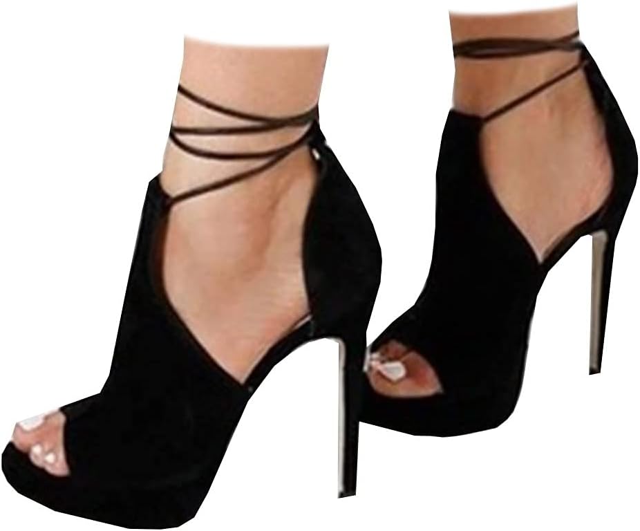 Womens Peep Toe Platform Heels Sexy Sandals Strappy Lace Up Tie Stilettos Dress Pumps Shoes