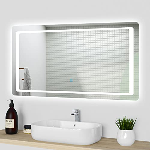Espejo de baño con iluminación LED retroiluminada Blanco Frío 6000k, 100 x 60 cm Espejo Antivaho para Maquillaje con Botón Táctil, con Función Impermeable Cover