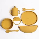 Vajilla de silicona 7 piezas Tris & Ton Set Vajilla 7 en 1 Easy Foods Silicona Bebe Infantil Babero, 2 platos, Cuchara, Tenendor y Mordedor. Sin BPA. Apto Microondas y Lavavajillas (Amarillo Mostaza)