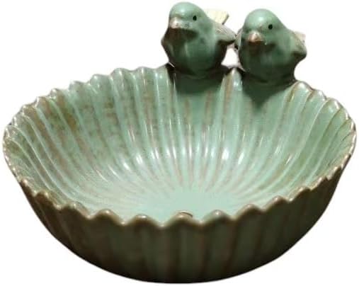 Ceramic Bird Bath Bowl with Dual Birds, Vintage Glazed Ceramic Bird Feeder Tray, Decorative Garden Bird Bath for Outdoor Patio Yard
