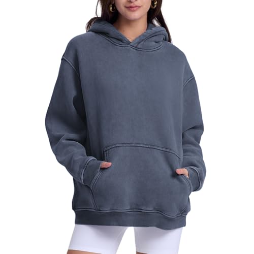 Image of FAIABLE Womens Oversized Acid Wash Hoodie Unisex Heavyweight Cotton Hoodies Fleece Vintage Washed Sweatshirt Women Men