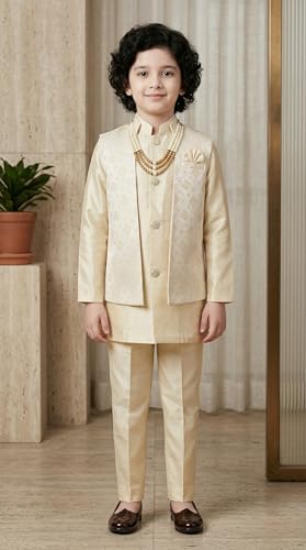 Image of AHHAAAA Kids Ethnic Silk Blend Waistcoat Kurta Pyjama 3 Piece Sherwani Set For Boys |540|