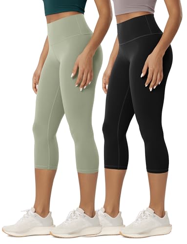 ODODOS 2-Pack Buttery Soft Lounge Yoga Capris for Women 21" High Waist Cropped Capri Leggings, Black+Lime Stone, X-Small