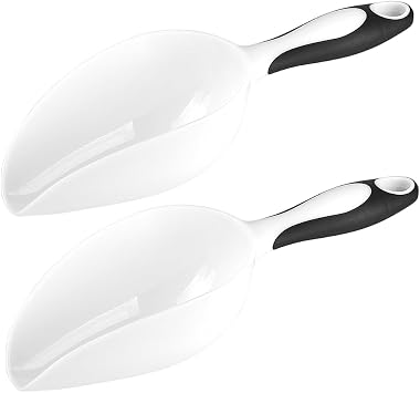 Plastic Ice Scoop 2pcs for Freezer Bin Multipurpose Ice Shovel Scooper for Flour Rice Popcorn Pet Food Soft Rubber Grip Handle - White