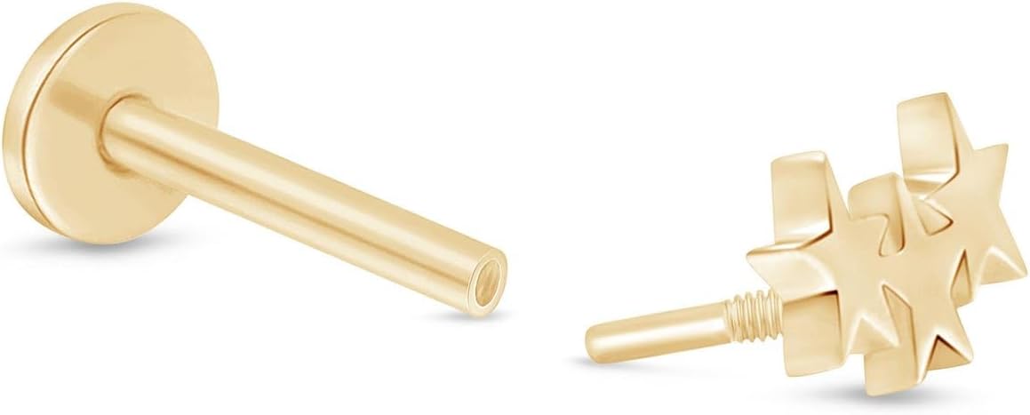 14K Solid Gold Star Ear Climber Stud Earring Ear Crawler Flat Back Cartilage Earring Threaded Lobe Tragus Helix Ear Piercing Jewelry for Sensitive Ears Earring for Upper Ear Nose Ring SINGLE or PAIR