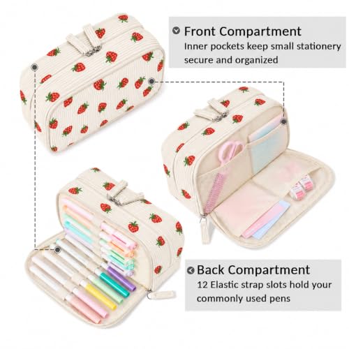 Image of Sooez Big Capacity Pencil Case Pen Pouch, Soft Corduroy Pencil Bag with 3 Compartment, Multiple Pockets, Sturdy Zipper, Cute School Supplies Pen Bag Organizer For Teen Girls-Strawberry