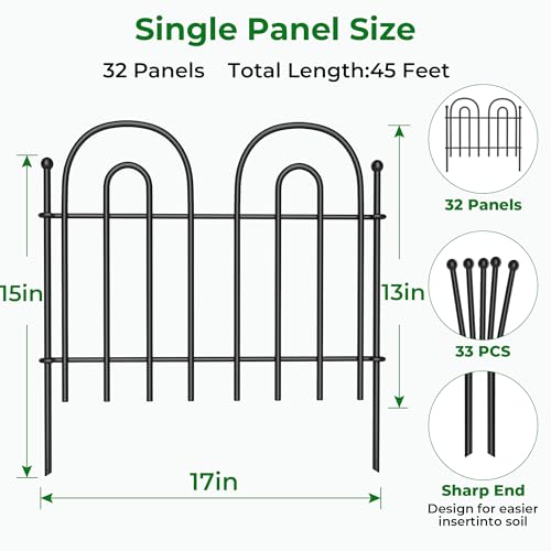 Amagabeli Garden Home Decorative Garden Fence Rustproof Outdoor Landscape Wire Fencing Folding Patio Border Edge Section Fences Flower Bed Animal Barrier Décor Picket -61 CM(H)x61 CM(W)-5 Panels-Black