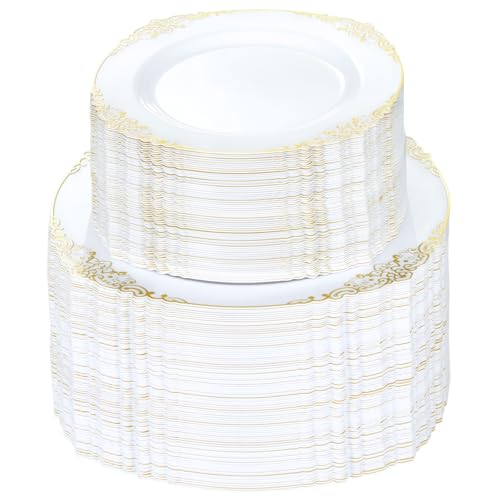 Bestluck 200 PCS White and Gold Plastic Plates for 100 Guests, Gold Disposable Plates Include 100 PCS Dinner Plates, 100 PCS Dessert Plates for Party, Wedding and Graduation by Bestluck - Used condition - US$67.40