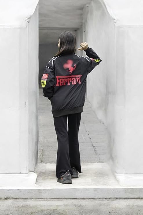 Image of Gigavibe Racing Icon F1 Vintage Printed Women's Jacket, Black, Polyester, Relaxed Fit, Motorsport Streetwear