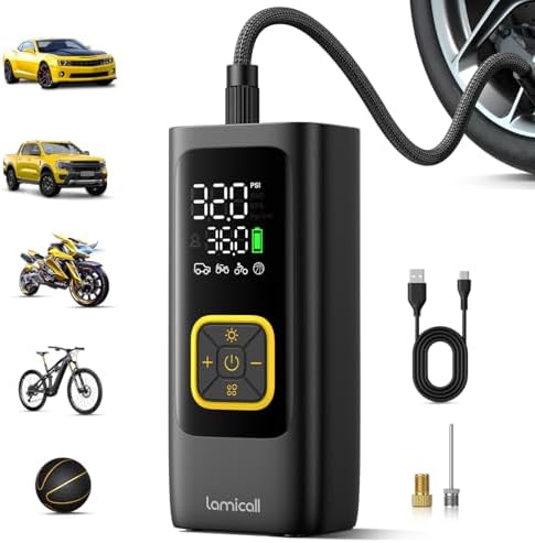 Lamicall Elektrische Luftpumpe Fahrrad, Akku Fahrradpumpe, 150PSI Pumpe | [Lange Akkulaufzeit] Tragbare Mini Kompressor mit alle Ventile, für Auto/Motorrad, Fahrrad Zubehör mit LED