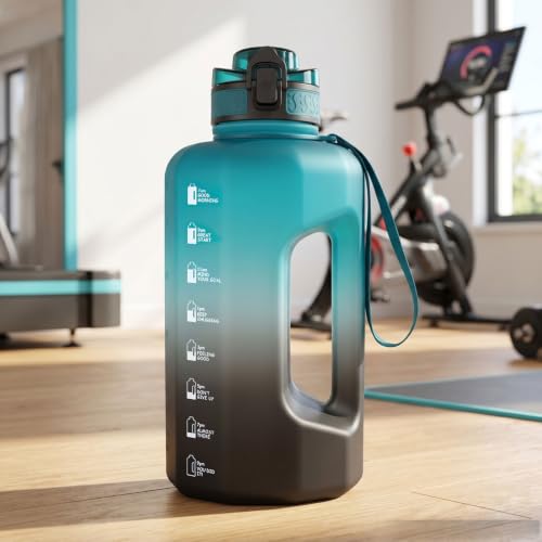 GEMFUL 2.2 Liter Trinkflasche Training Groß Gym Bottle mit Griff BPA Frei mit Zeitmarkierungen für Fitness Yoga Camping (grün schwarz)