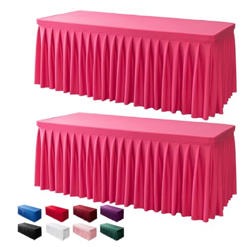 Tina 2 Pack Table Skirts for Rectangle Tables 6ft, Fuchsia Spandex Table Covers, Heavy Weight Wrinkle Resistant Stretch Fitted Tablecloths for Banquets, Weddings, Events, Parties