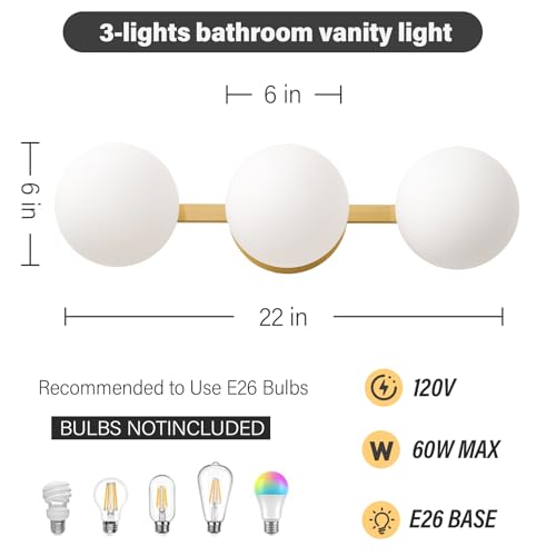 Image of Gold Globe Wall Sconce,Vanities Lights with 3 Milk Glass Shades | 6 inch Modern Spherical Vanity Sconces,Contemporary Small Brass Ball Lights Fixture for Entryway Bedside Bathroom,E26 Base