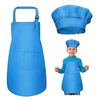 WEONE Kids Apron and Chef Hat Set, Adjustable Children Apron with 2 Pockets for Boys Girls, Toddler Chef Apron Kitchen Garden Bib Aprons for Cooking Baking Painting Crafting (7-13 Year) (Blue)