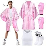 Maiteenly 5 Pcs Halloween Boxing Costume for Women Adult Pink Boxer Costumes Set with Satin Boxing Robe Boxing Gloves Vest(M)