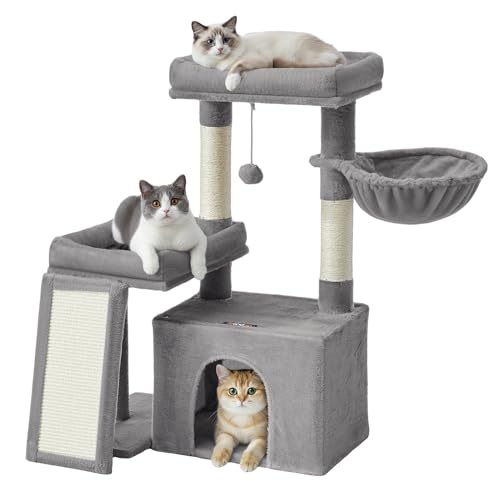 Feandrea Árbol Para Gatos, Torre De Juegos Con 2 Camas Grandes, Postes Rascadores Y Rampa, 85,8 Cm De Altura, Gris Paloma Pct013gd01