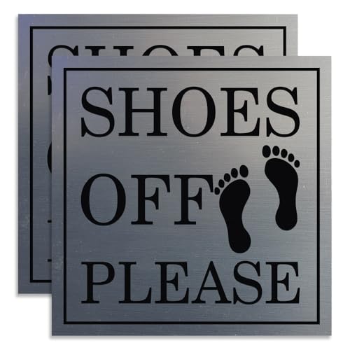 All Quality Square Shoes Off Please Wall or Door Sign | Silver (Small) 2 Pack