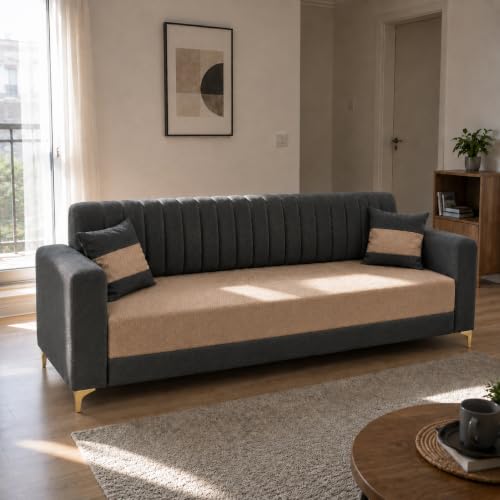 Image of FURNY Signature Regalia 3 Seater Sofa Set | Boston Fabric | 40D Foam + Zigzag Spring | 3-Yr Warranty (Ash Grey & Warm Beige) | Modern Living Luxury Sofa Set for Home, Office & Hotel Spaces
