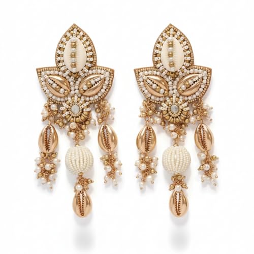 Image of SANJOYA Hand Embroidered Gold-Toned Cowrie Shell & Pearl Statement Jewellery Earrings for Women & Girls| Kundan Floral Ethnic Danglers | Lightweight Jewelry for Haldi, Mehndi, Sangeet & Wedding