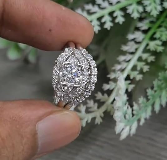Art Deco Vintage Bridal Ring Set for Women – 2 Ct Diamond Engagement & Wedding Band, 1890s Antique Estate Style, 18K White Gold Plated 925 Sterling Silver, Handmade Wedding Band