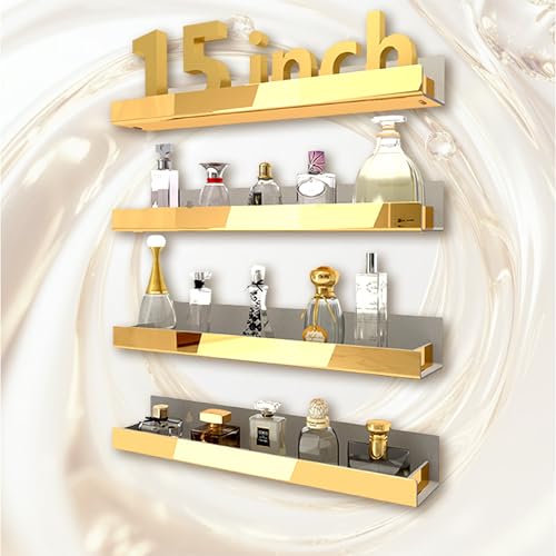 Image of 4 Pack 15 Inch Gold Reflective Acrylic Shelves, Gold Foating Shelves, Modern Sunglasses Essential Oil Picture Ledge Display Toy Storage Shelf