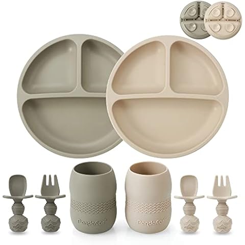 PandaEar Silicone Baby Weaning Set| 2 Pack Silicone Divided Baby Suction Plate and 2 Pack Tiny Cup with 2 Spoons 2 Forks| Baby Led Weaning Supplies Self Feeding Eating Set Cover
