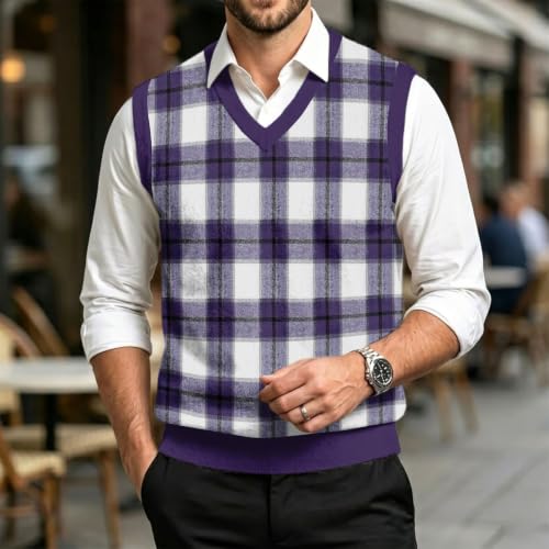 Christmas Sweater Vest Men V Neck Plaid Knit Lightweight Pullover Sweater - image 2