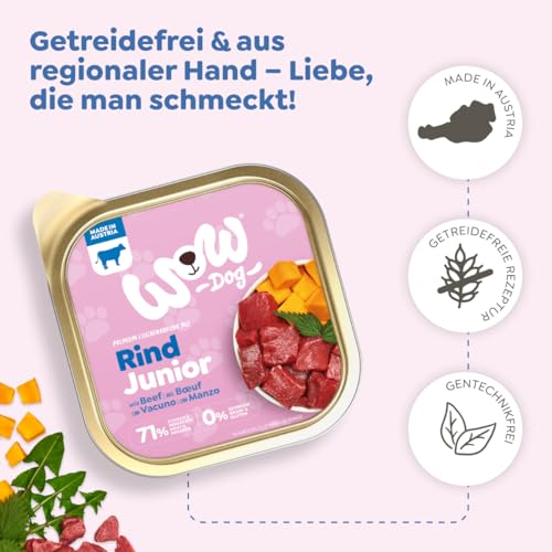 WOW Dog Welpen-Nassfutter mit Rind | für Junior Hunde, mit hohem Fleischanteil, getreidefrei | 150 g / 22er Pack