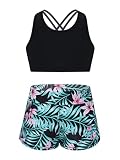 Agoky Dziewczęce sportowe tankini zestaw bikini dwuczęściowy strój kąpielowy z gorsetem + krótkie spodenki, wzór panterki, strój gimnastyczny, gimnastyka, joga, taniec, odzież rozm. 116-164, Czarny i
