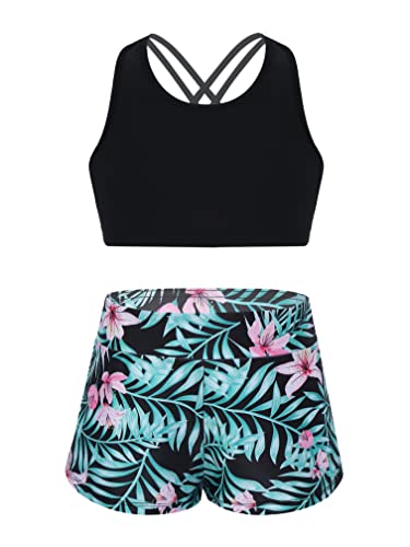 Agoky Dziewczęce sportowe tankini zestaw bikini dwuczęściowy strój kąpielowy z gorsetem + krótkie spodenki, wzór panterki, strój gimnastyczny, gimnastyka, joga, taniec, odzież rozm. 116-164, Czarny i