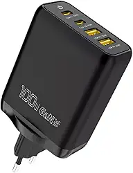 Carregador Turbo de 100W Quatro Saídas USB-C e USB com Tecnologia GaN para Carregar Seus Dispositivos com Eficiência, Compatível com Iphone, Android, Notebook, Pods (Preto)