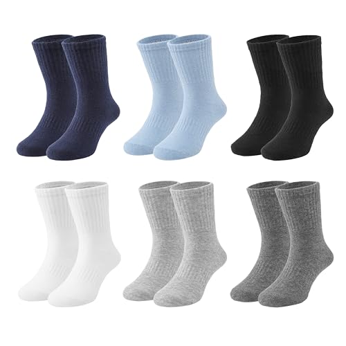 Fiveluck 6 Pairs Boys Athletic Crew Socks, Cotton Basic School Uniform Breathable Casual Sports Socks, Blue, 3-5T