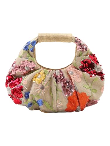 Verdusa Womens Floral Embroidery Sequin Evening Bags Beaded Top Handle Ruched Handbag Party Purses Multicolor One Size