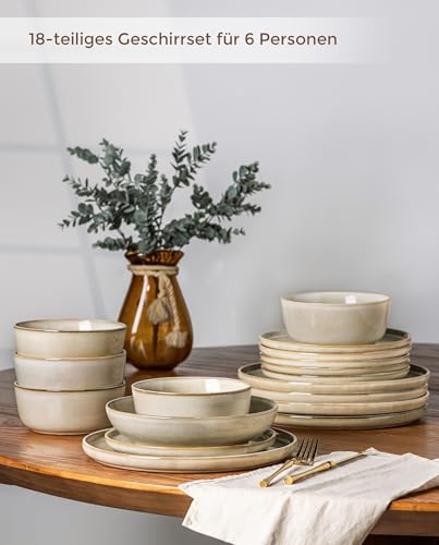GBhome Geschirrset 6 Personen, 18-tlg Reaktive Glasur Handarbeit Steingut Geschirr Set, Mikrowellen- & Spülmaschinenfest Schüssel- und Teller Set, Khaki