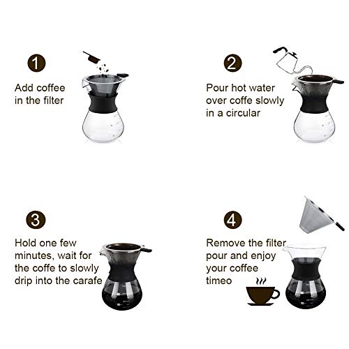 Cafetera Goteo Manual, Haofy Cafetera de Vidrio, 400 ml Pour Over Cafetera con Filtro Reutilizable de Acero Inoxidable… - Imagen 8