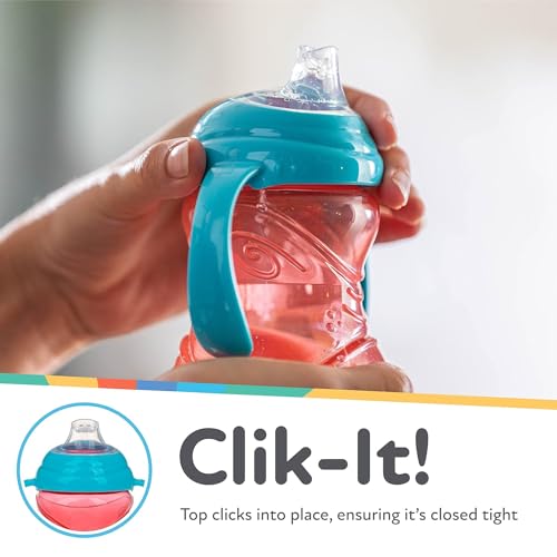 Image of Nuby Clik-It Grip N' Sip Soft Spout No-Spill Training Sippy Cup with Handles - (3-Pack) 10 oz - 4+ Months - Blue /Green /Red | Silicone Soft Flex Spout - 2 Handles - Clik It Lock Feature - Red /Blue /Green