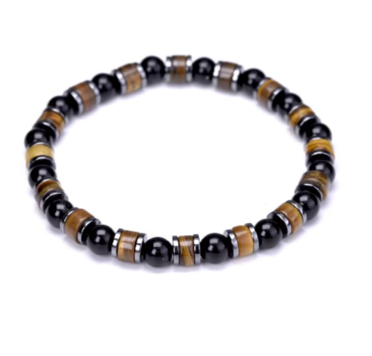 Bracelet obsidienne noire, hématite et œil de tigre 6mm pour homme et femme