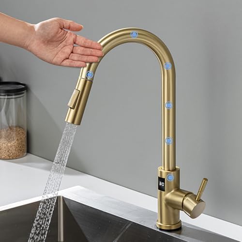 Touchless Kitchen Faucet, Sensor Activated Grey Tap with Single Lever Handle, Pull Out Spray, Temperature Display, Brushed Finish for Modern Kitchens
