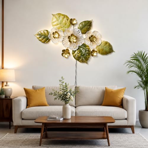 Image of Bharat Art Metal White Flower Wall Art with LED Light for Living Room | Handcrafted Iron Flower Wall Hanging Home Decoration for Bedroom, Hall, Office & Entrance | 47X2X24 | Tornado WD071 (B)