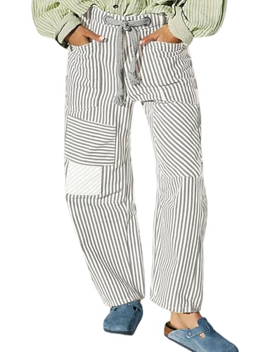 loveimgs Women Casual Boyfriend Barrel Stripe Pants Elastic Mid Rise Ankle Pants Patchwork Drawstring Pocket Wide Leg Trouser