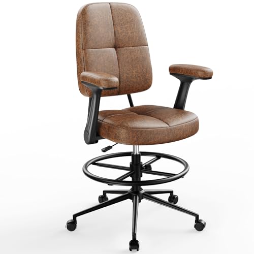 Image of Marsail Ergonomic Drafting Chair for Standing Desk, 330lbs Heavy Duty Tall Office Chair with Adjustable Foot Ring & Flip-Up Arms, Comfort Brown Leather, 3.5 inch Thick Cushion