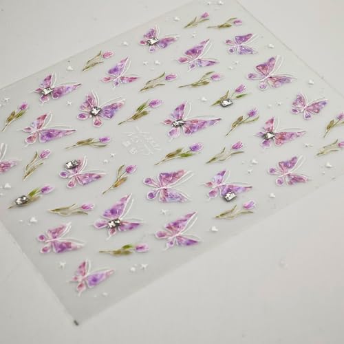 Image of Butterfly Nail Sticker 5D Embossed Nail Art Decals with Rhinestone Design for Women Girls Kid Supplies Purple Butterfly Stickers for Nails Manicure Decorations