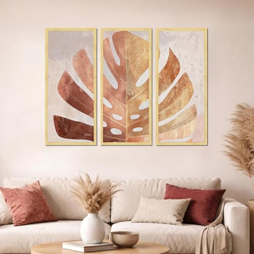 Image of PAINTINGMANTRA Abstract Botanical Framed Wall Art Set of 3 | Modern Boho Leaf & Landscape Prints | Engineered Wood Frame Wall Decor for Living Room, Bedroom & Office, 8.9x18.9 Inch