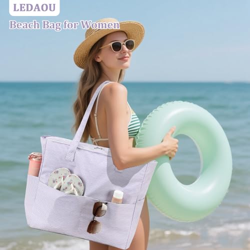 Image of LEDAOU Large Beach Tote Bag Women Waterproof Sandproof Zipper Beach Tote Bag for Pool Gym Grocery Travel with Wet Pocket | Waterproof