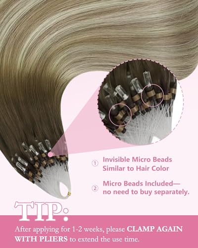 Image of YoungSee Micro Loop Hair Extensions Real Human Hair Balayage Microlink Hair Extensions Human Hair Brown Balayage Blonde Microbead Hair Extension 16Inch Ombre Bead Hair Extension 50s /57g