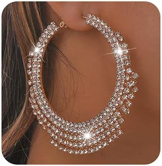 Jumwrit Large Rhinestone Hoop Earrings Big Round Circle Earrings Tassel Chain Dangle Earrings Statement Earrings for Women(Gold)