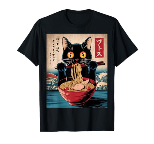 Kawaii Cat Eating Noodles Japanese Anime Cat Ramen T-Shirt