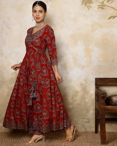 Image of PARTHVI|Women's Red Cotton Printed Flared Kurta with Cotton Pant and Printed Dupatta Sets