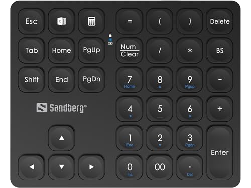 Sandberg Wireless Numeric Keypad Pro, Numerische Tastatur, 36 Leise Tasten, Drahtloser Ziffernblock, Plug & Play, Wiederaufladbar, Numerische Bluetooth-Tastatur, Büro Heimarbeit Studium, Für Windows